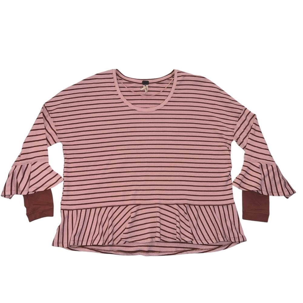 EUC Free People Round About Thermal Peplum LS Tee Stripe Pink Brown Medium - Picture 4 of 10